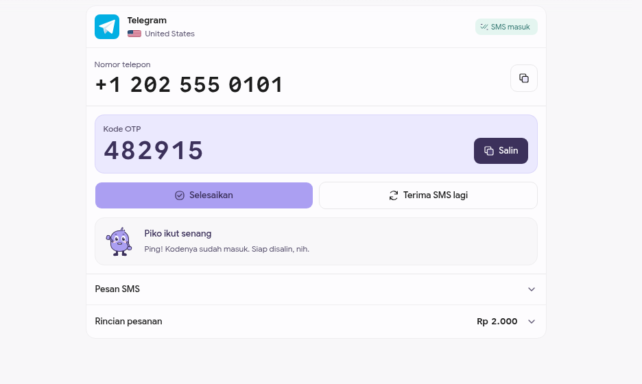 Tampilan detail pesanan untuk memantau nomor, SMS, dan status aktivasi, dengan data contoh mode review