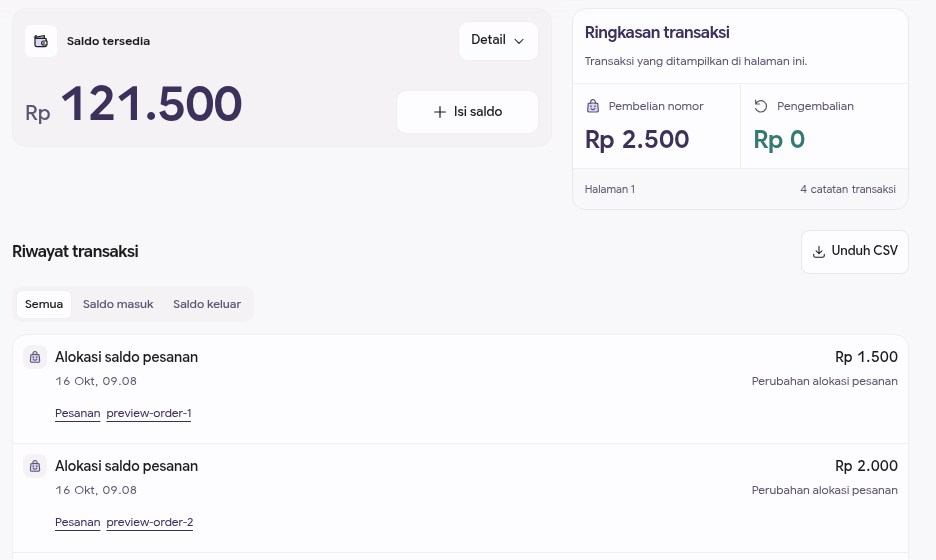 Tampilan saldo contoh dan tombol Isi saldo di halaman Dompet, bukan transaksi nyata